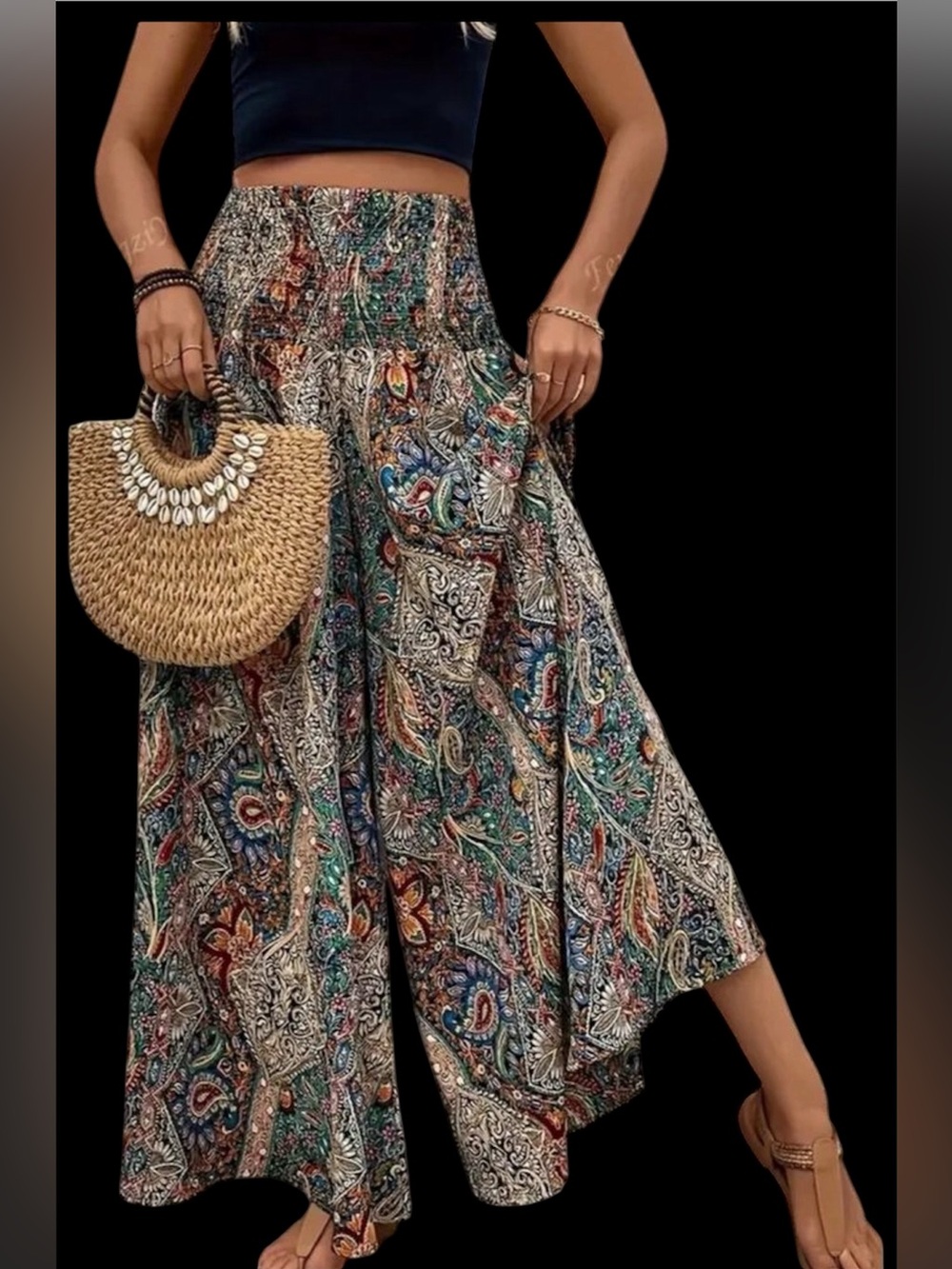 Boho Wide-Leg Paisley Palazzo Pants